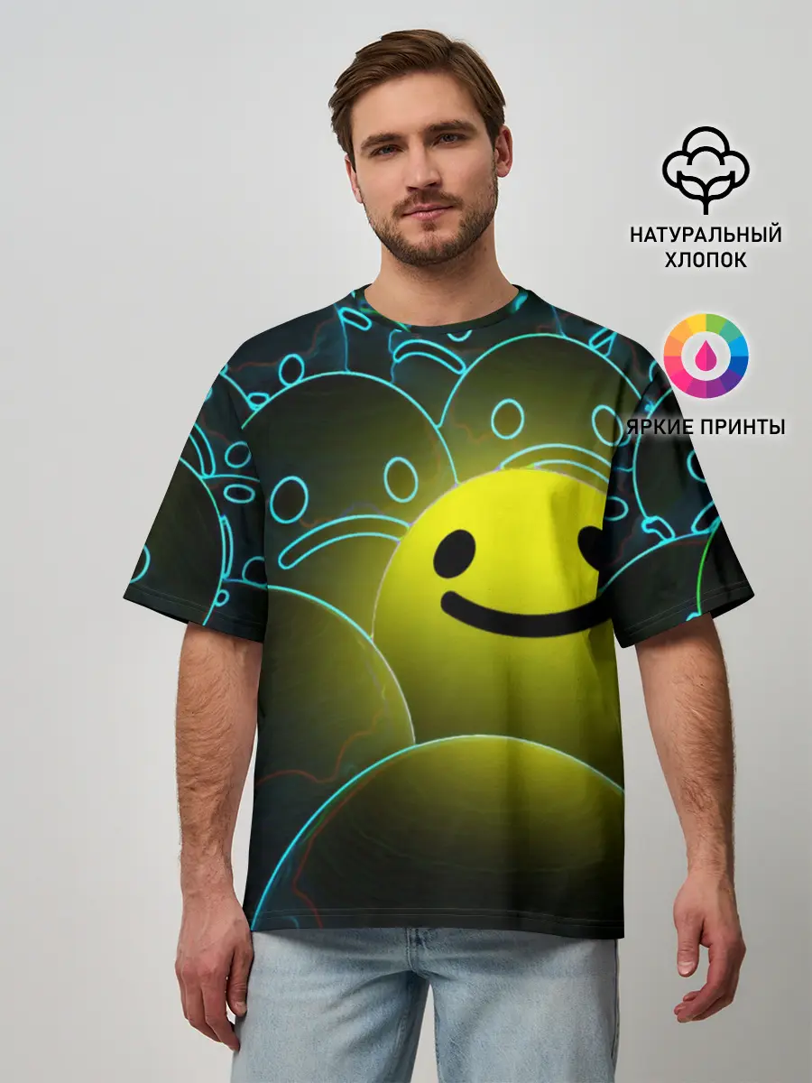 Мужская футболка оверсайз / НЕОНОВЫЕ СМАЙЛЫ