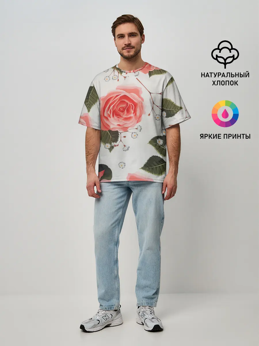 Мужская футболка оверсайз / Нежные розы