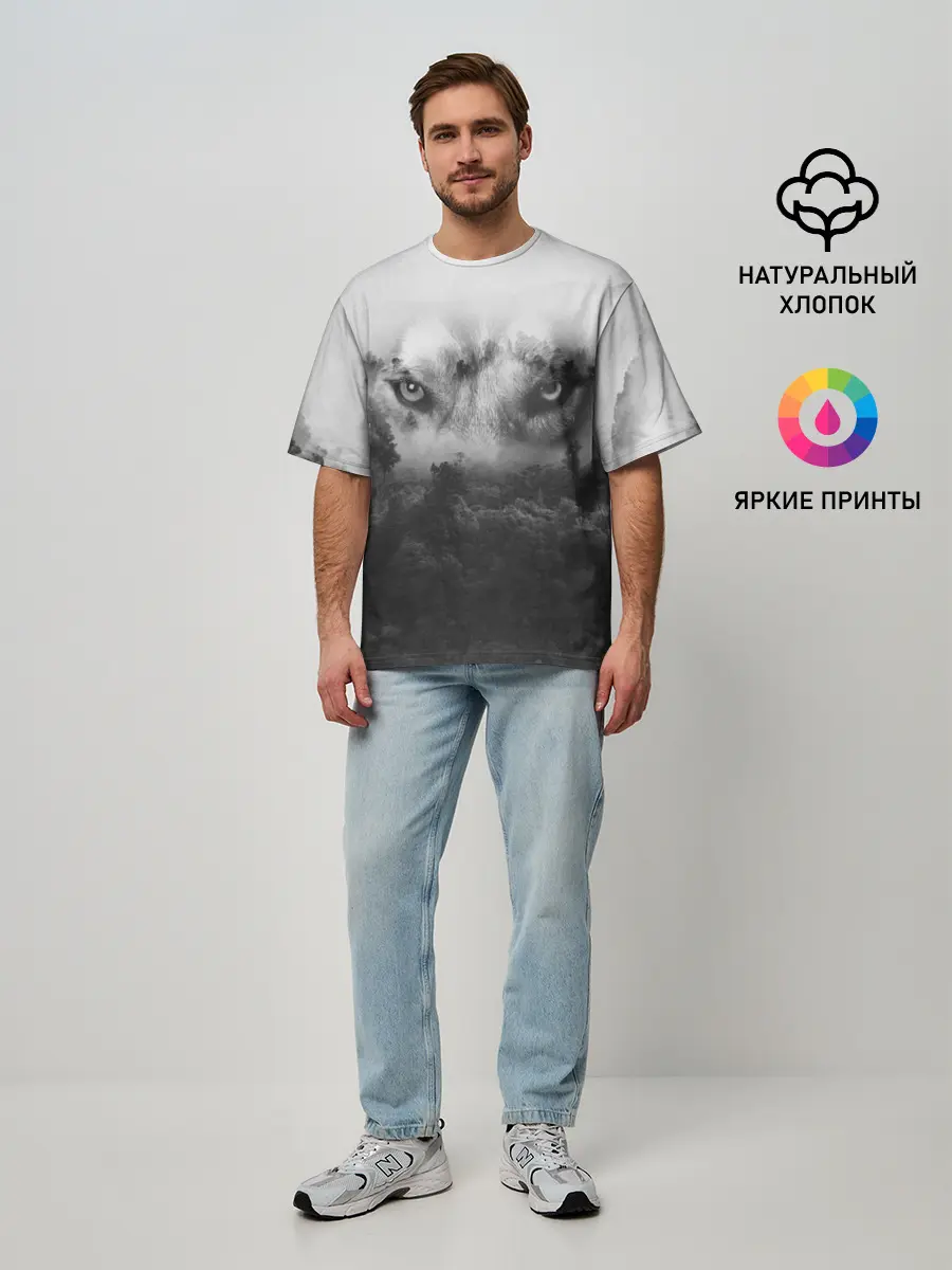 Мужская футболка оверсайз / Волк в лесу