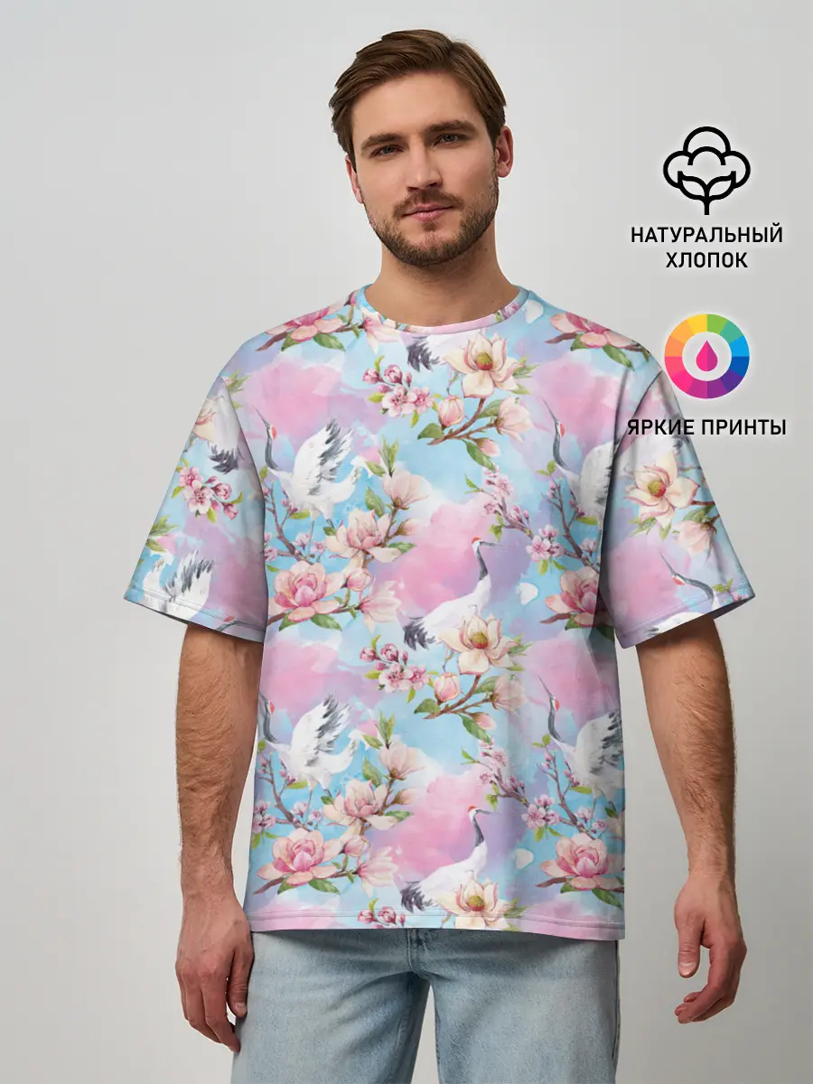 Мужская футболка оверсайз / Узор с журавлями