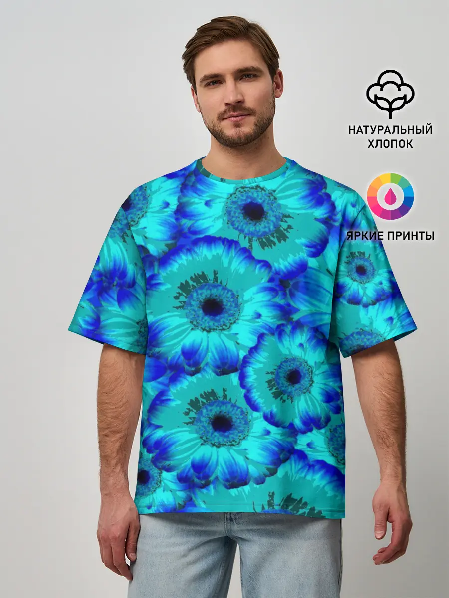 Мужская футболка оверсайз / Голубые хризантемы