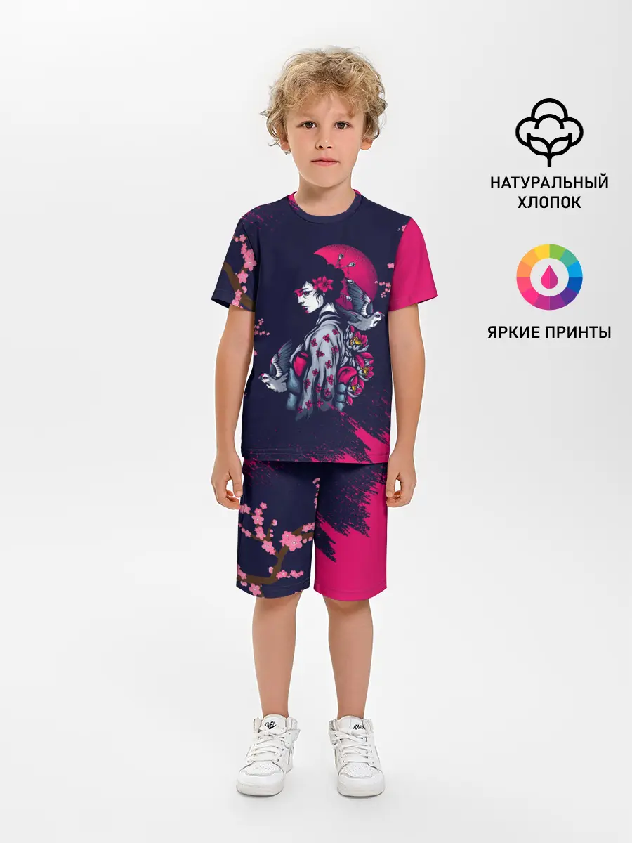 Детская пижама с шортами / ДЕВУШКА В КИМОНО И ПТИЦАМИ