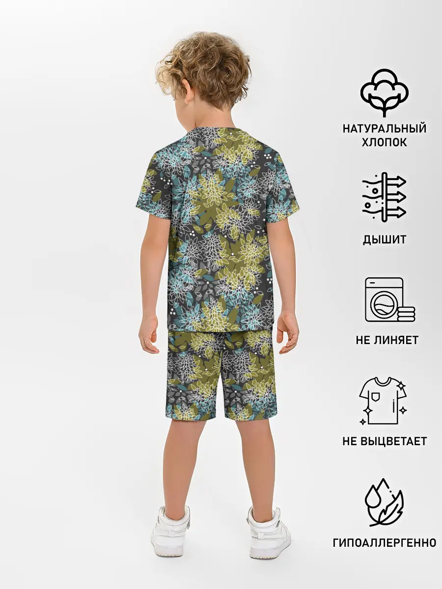 Детская пижама с шортами / Черно оливковый цветочный