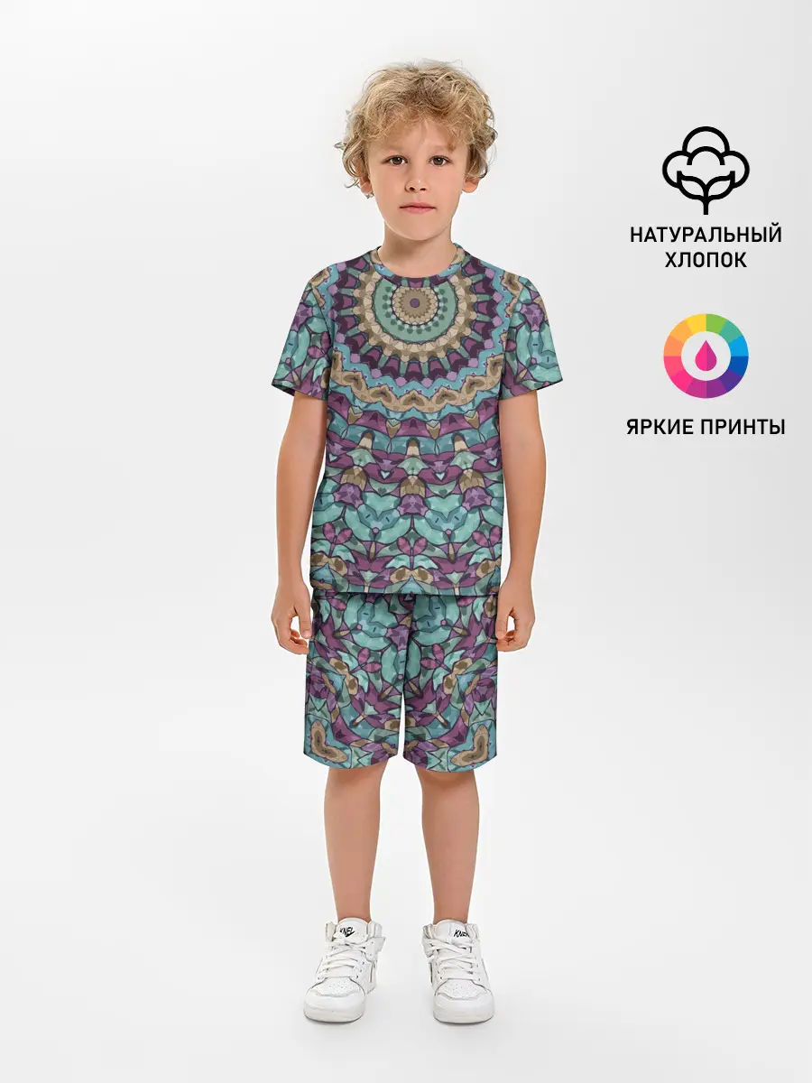Детская пижама с шортами / Сиренево-голубой калейдоскоп .