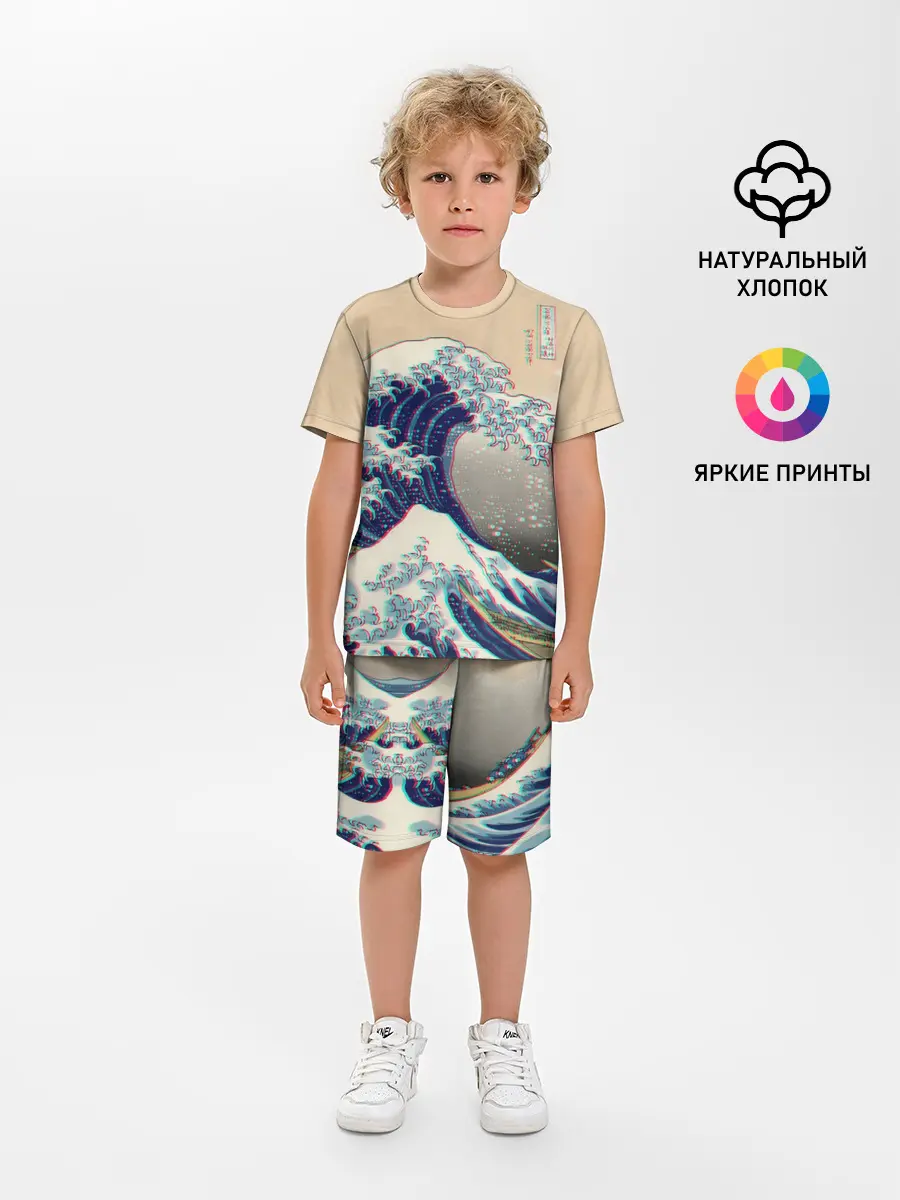 Детская пижама с шортами / Kanagawa Wave Glitch Art