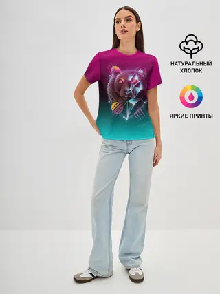 Женская базовая футболка / RETRO CYBER BEAR NEON