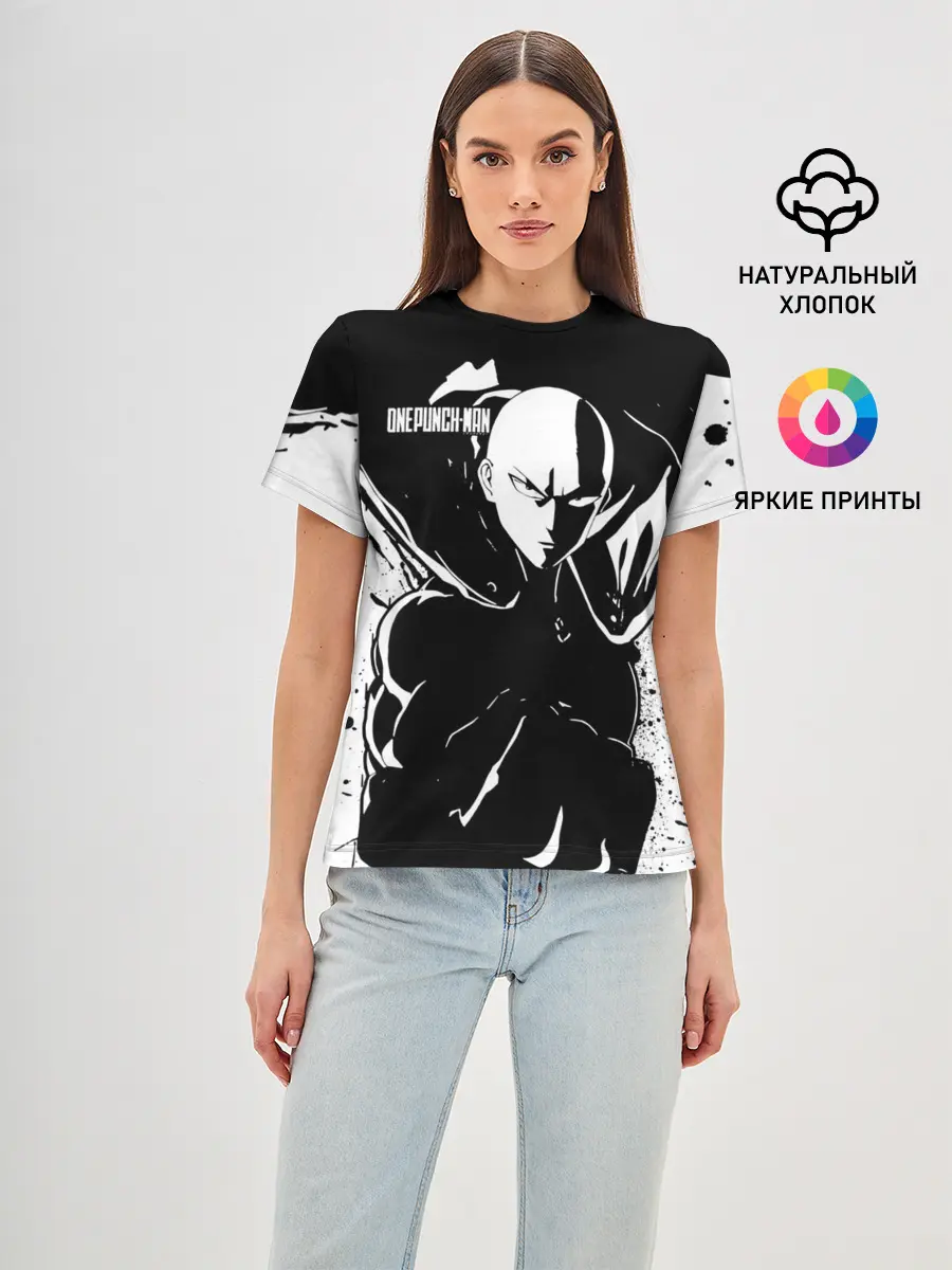 Женская базовая футболка / Черно-белый Сайтама One Punch-Man