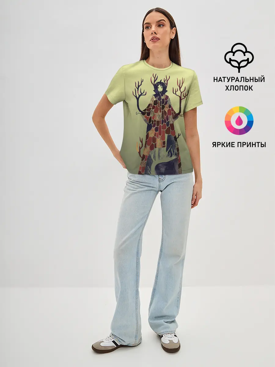 Женская базовая футболка / лесной волшебник акварель