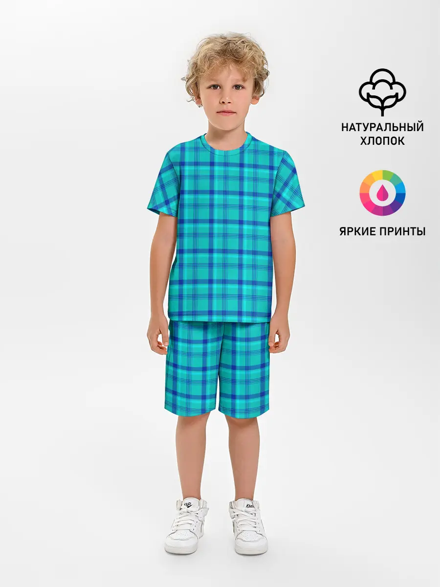Детская пижама с шортами / Голубая клеточка