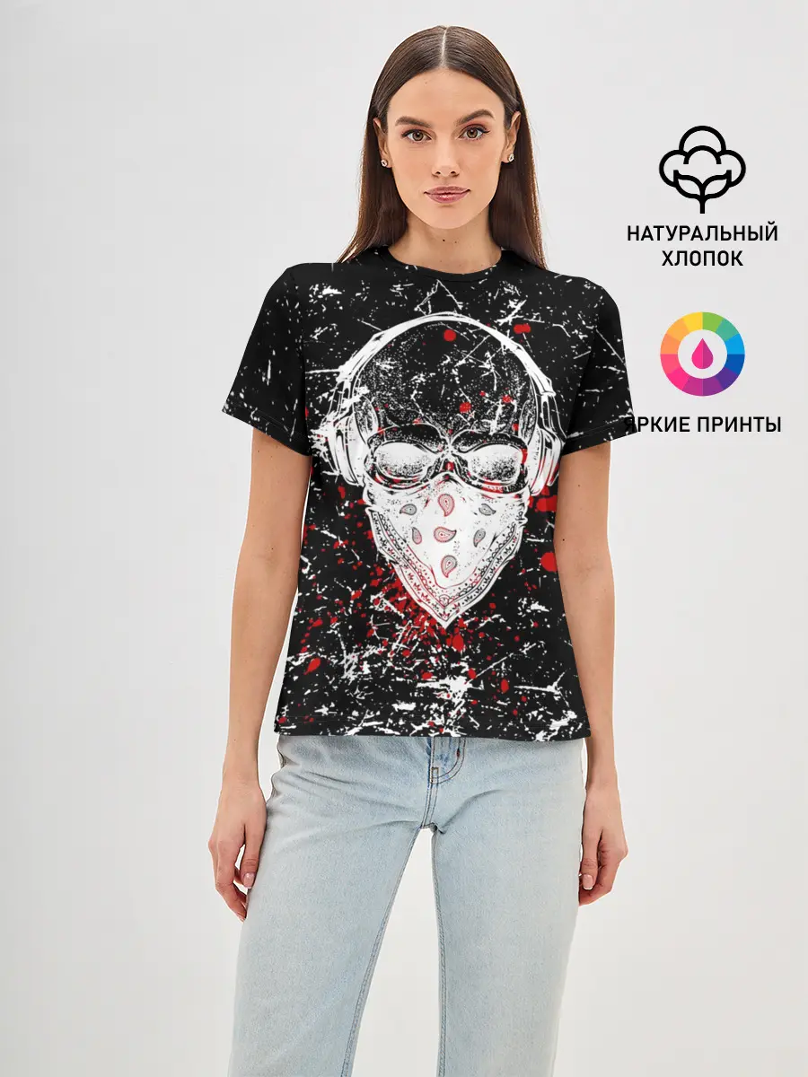 Женская базовая футболка / Брызги Череп Хипстер Гранж
