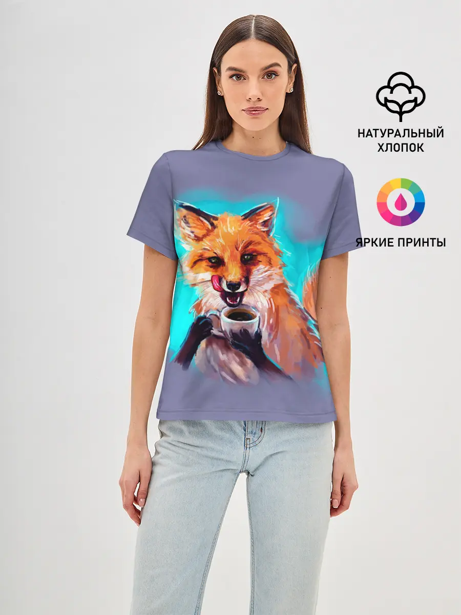 Женская базовая футболка / Лиса с кофе