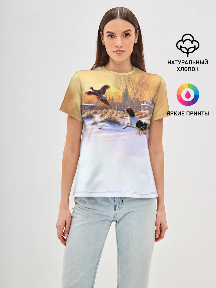 Женская базовая футболка / Собака и фазан