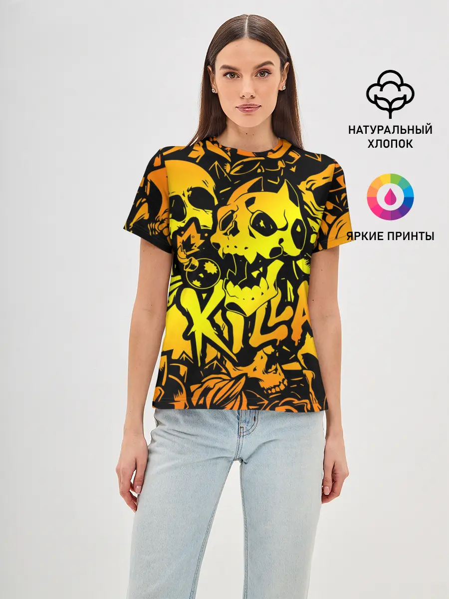 Женская базовая футболка / KILLA оранжевые черепа