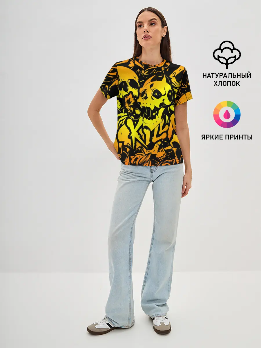 Женская базовая футболка / KILLA оранжевые черепа