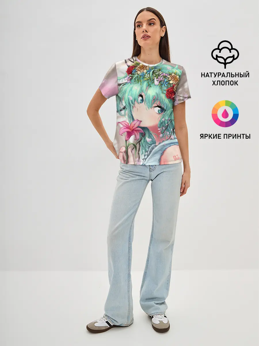 Женская базовая футболка / Цветок и Хацуне Мику