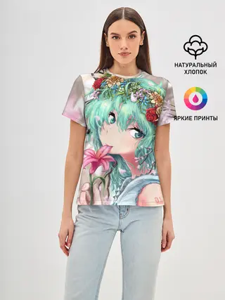 Женская базовая футболка / Цветок и Хацуне Мику