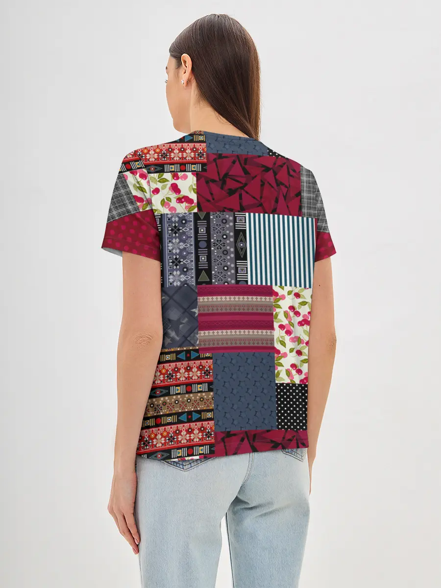 Женская базовая футболка / Деревенский стиль. Пэчворк.