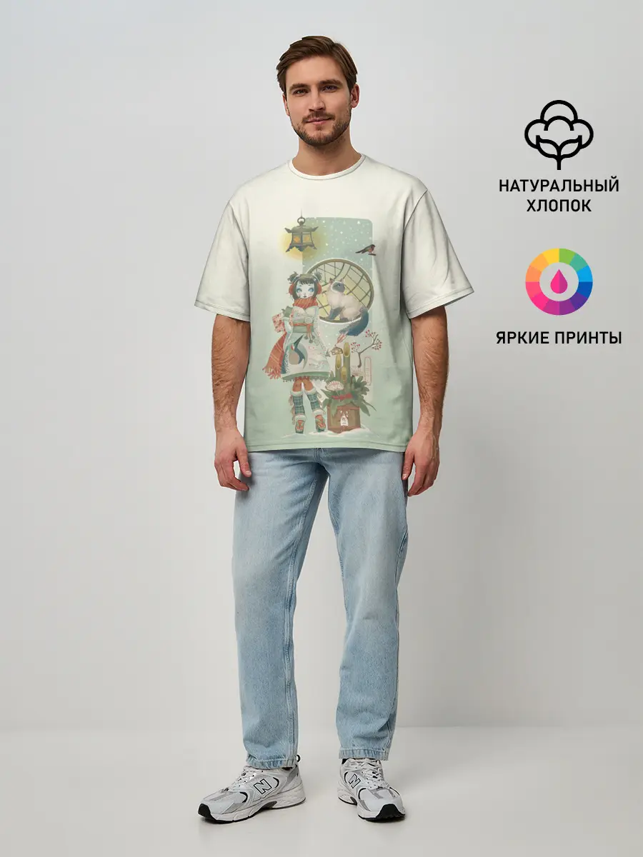 Мужская футболка оверсайз / девушка кимоно зима Япония кот