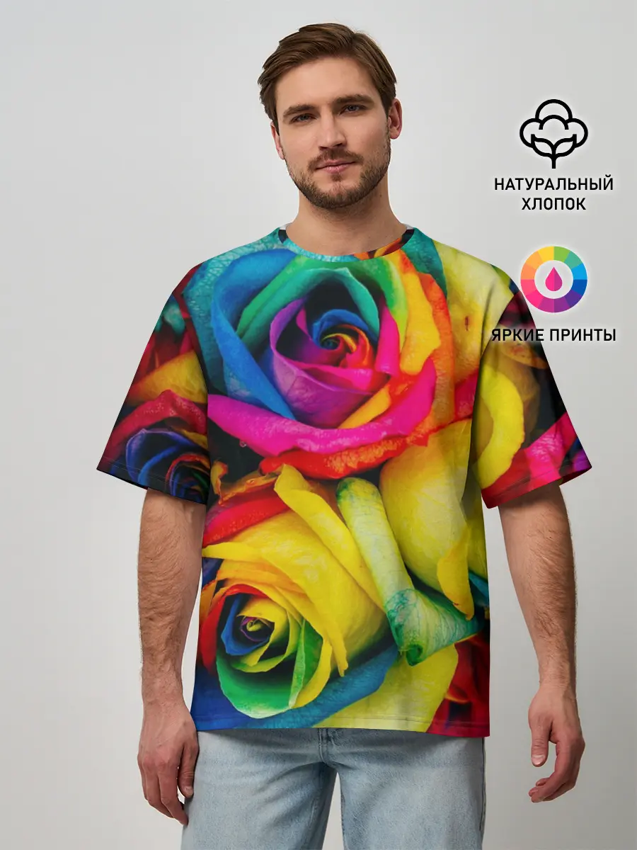 Мужская футболка оверсайз / Разноцветные розы