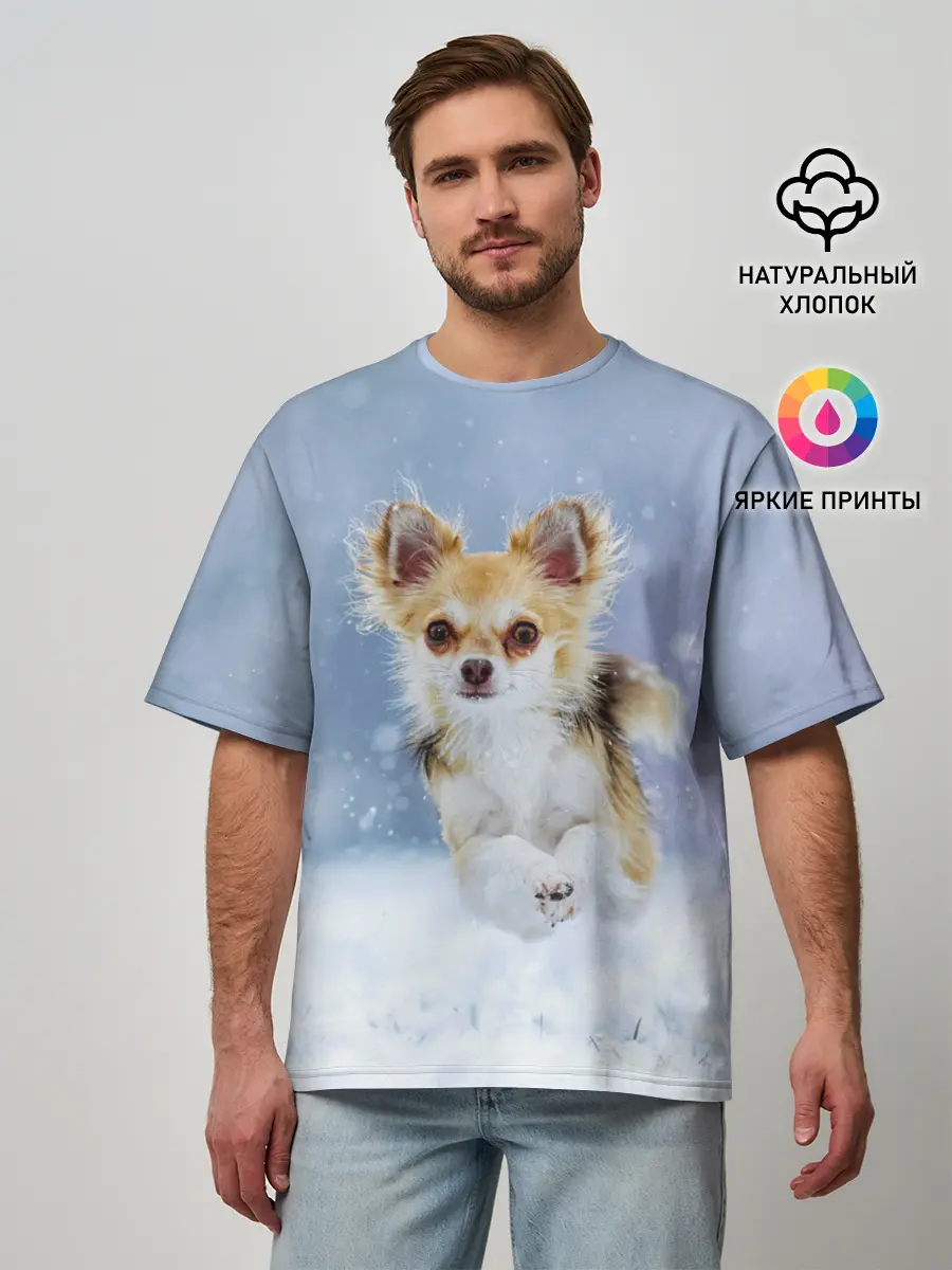 Мужская футболка оверсайз / Чихуахуа в снегу