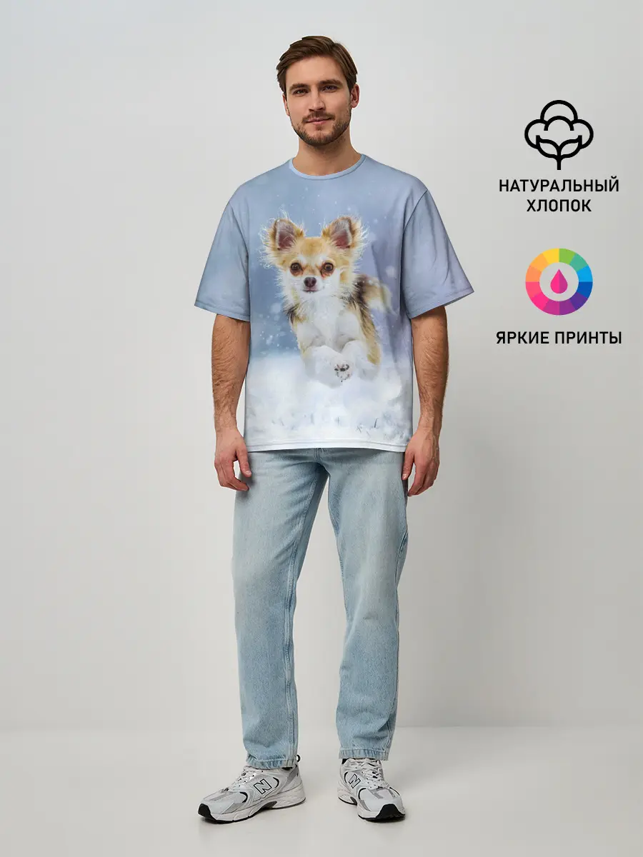 Мужская футболка оверсайз / Чихуахуа в снегу