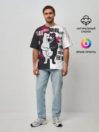 Мужская футболка оверсайз / monokuma с пупком и иероглифами