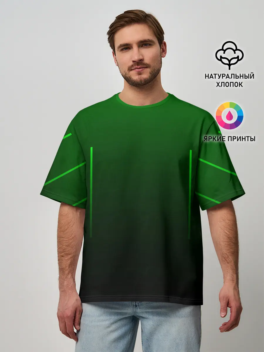 Мужская футболка оверсайз / Неоновые линии на градиенте