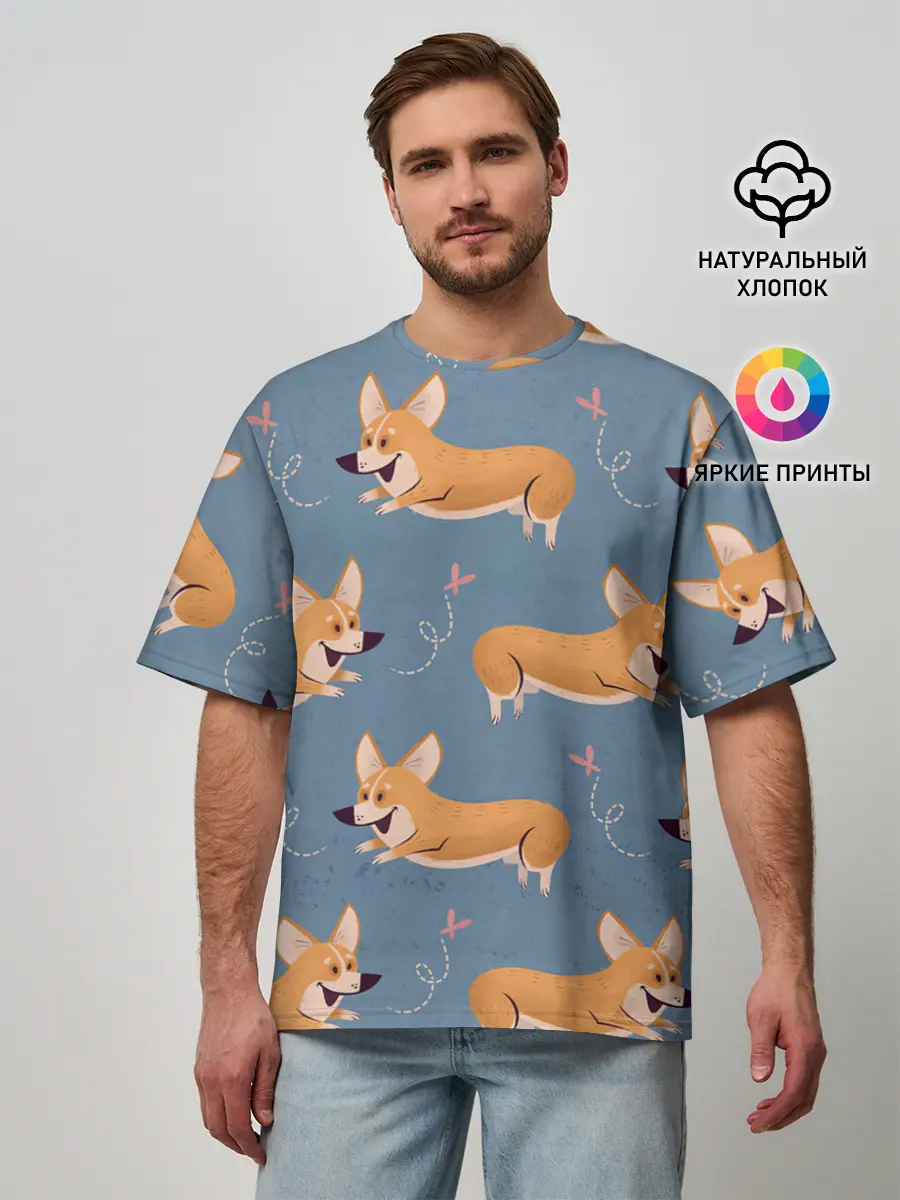 Мужская футболка оверсайз / Корги с бабочкой