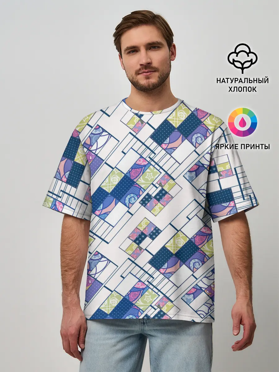 Мужская футболка оверсайз / Этнический узор пэчворк
