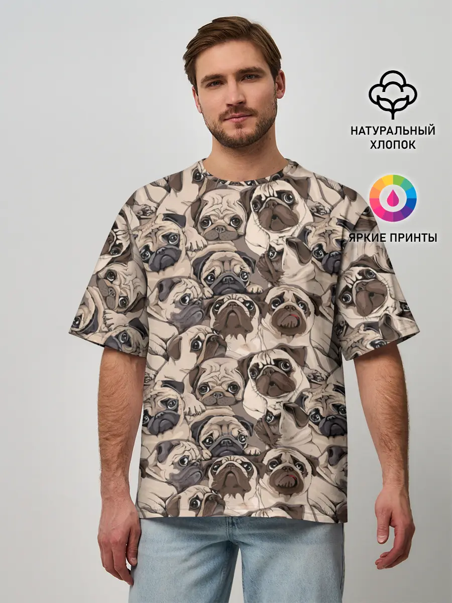 Мужская футболка оверсайз / Мопсы