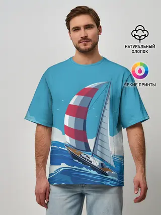 Мужская футболка оверсайз / ПАРУСНИК В МОРЕ | ЛЮБЛЮ МОРЕ