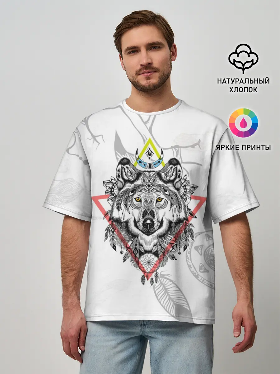 Мужская футболка оверсайз / Волк