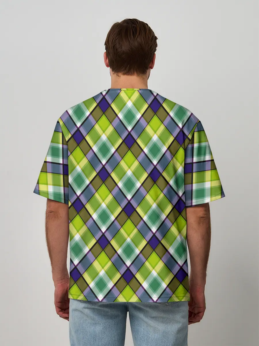 Мужская футболка оверсайз / Крупный клетчатый косой узор