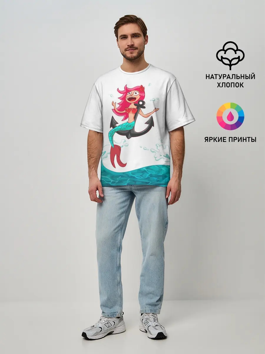 Мужская футболка оверсайз / Русалка на якоре