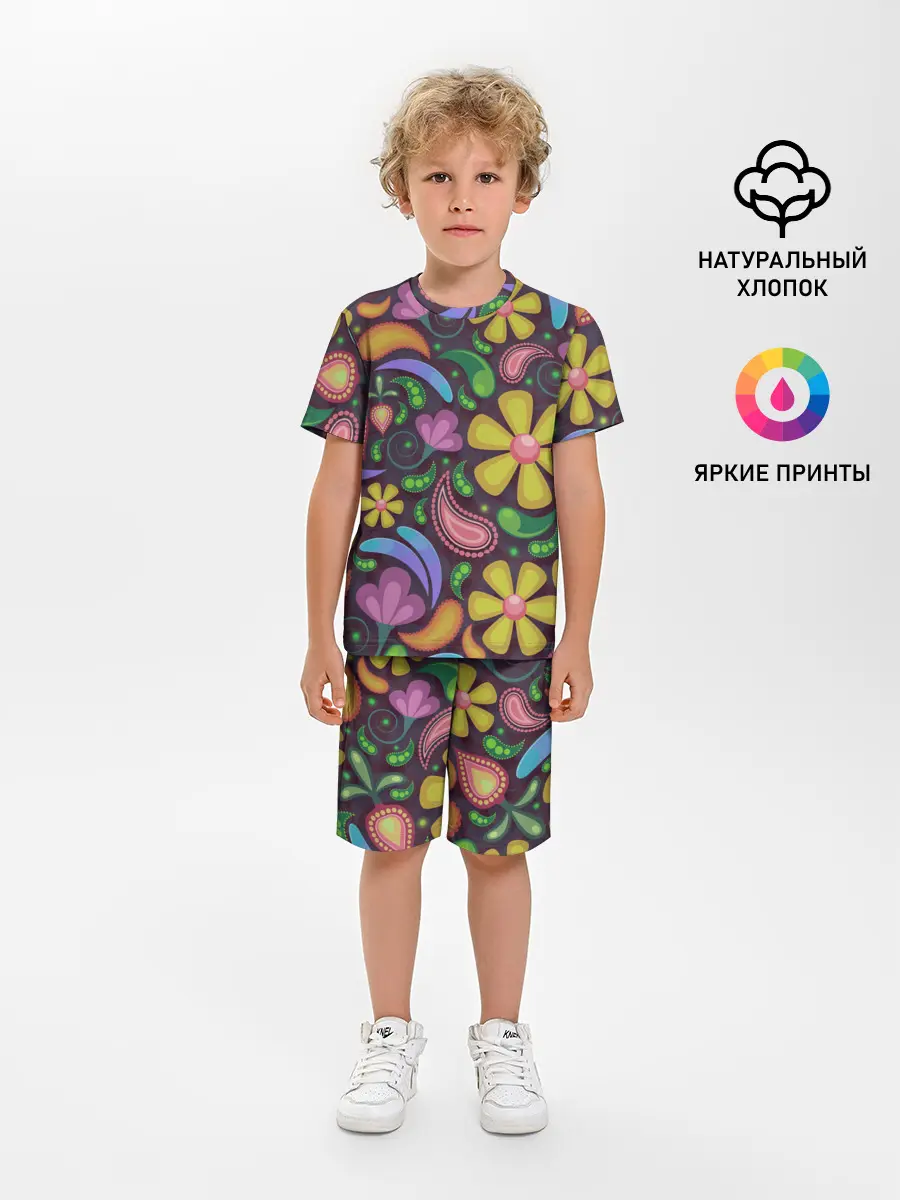 Детская пижама с шортами / летние цветы узор на темном