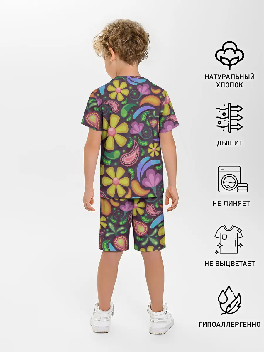 Детская пижама с шортами / летние цветы узор на темном