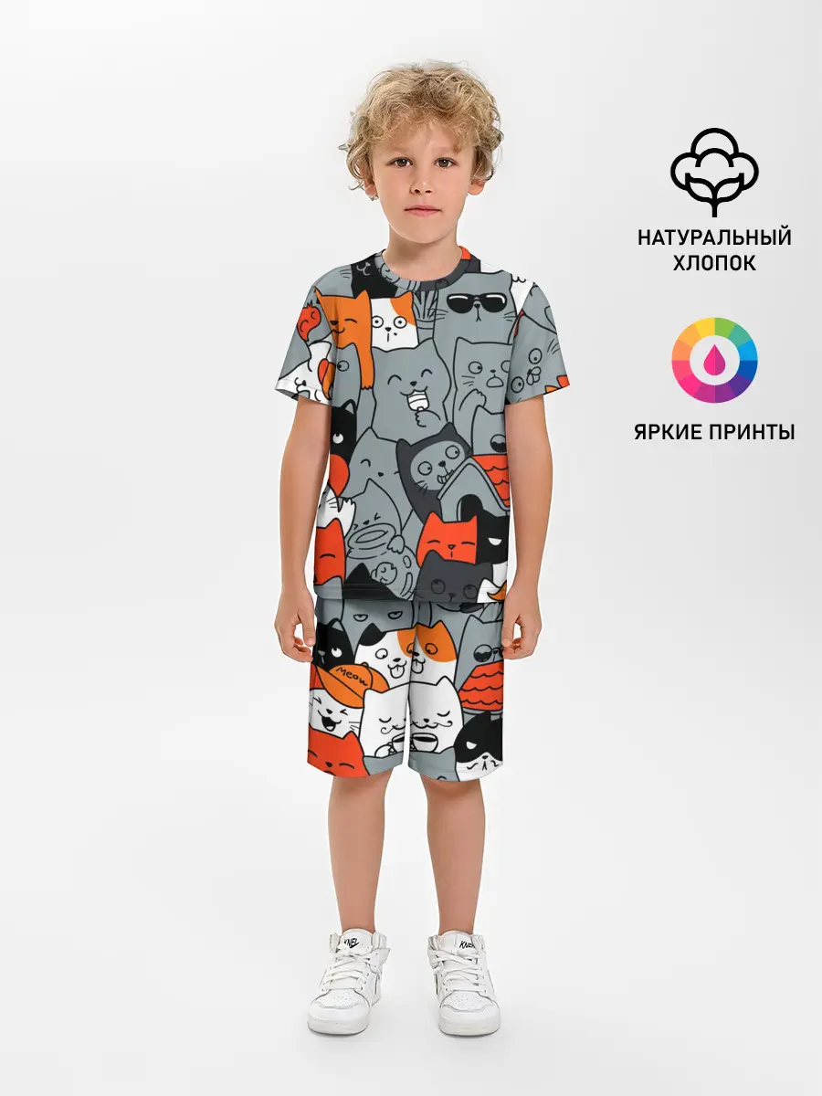 Детская пижама с шортами / Разноцветные коты