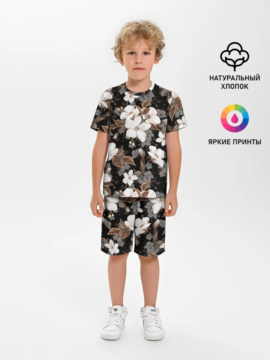 Детская пижама с шортами / Белые цветы