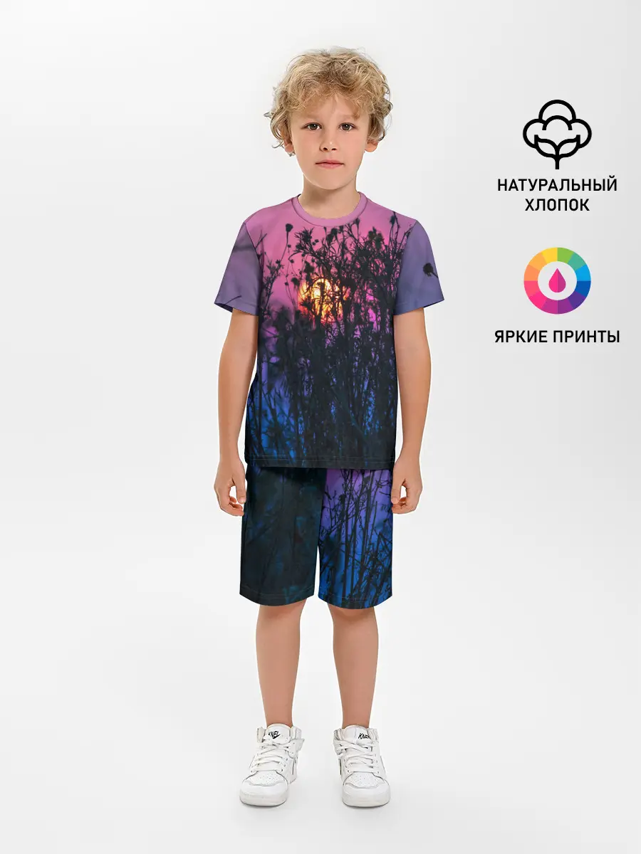 Детская пижама с шортами / Трава растения закатный свет