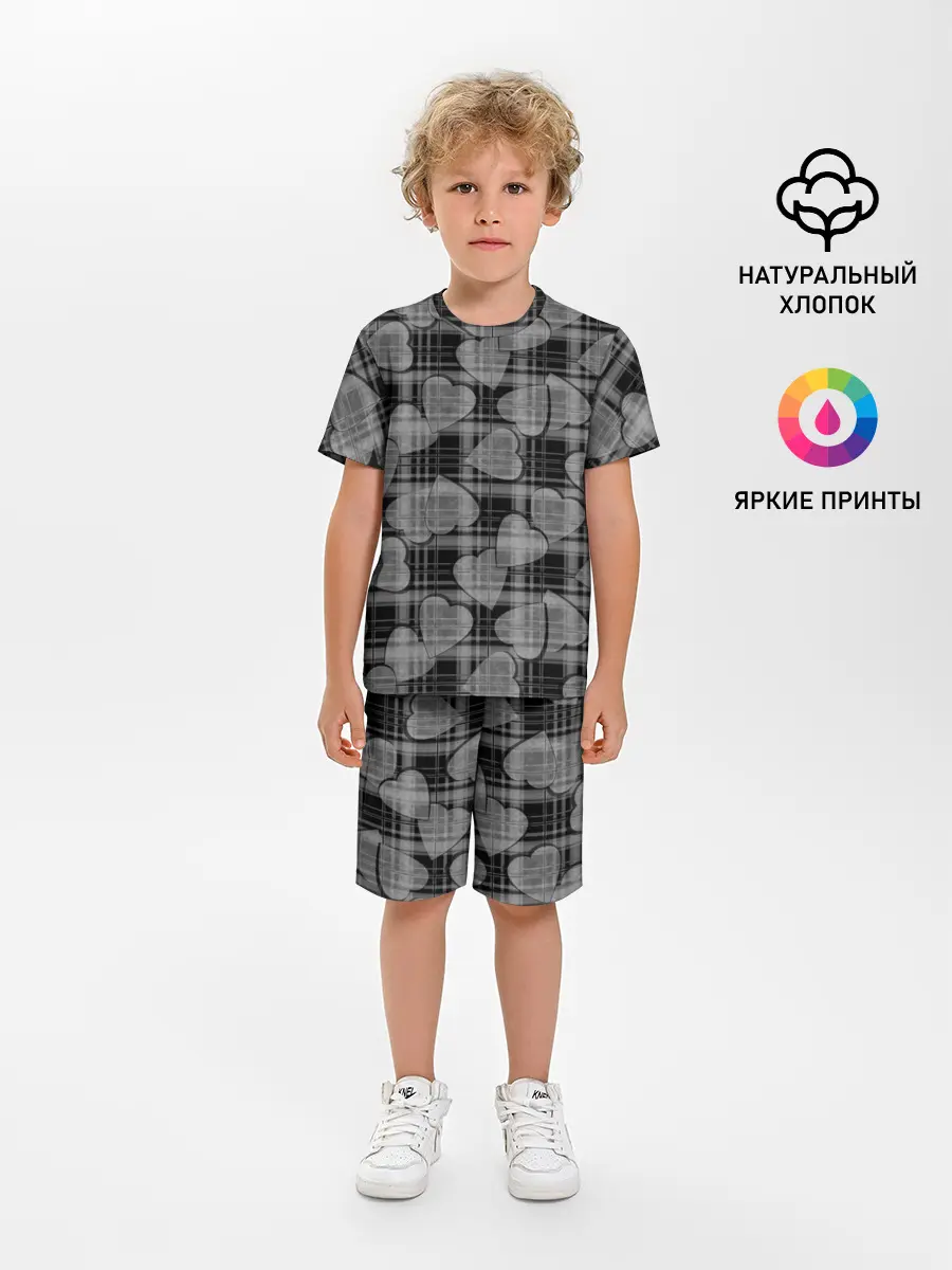 Детская пижама с шортами / Черно-серый клетчатый узор