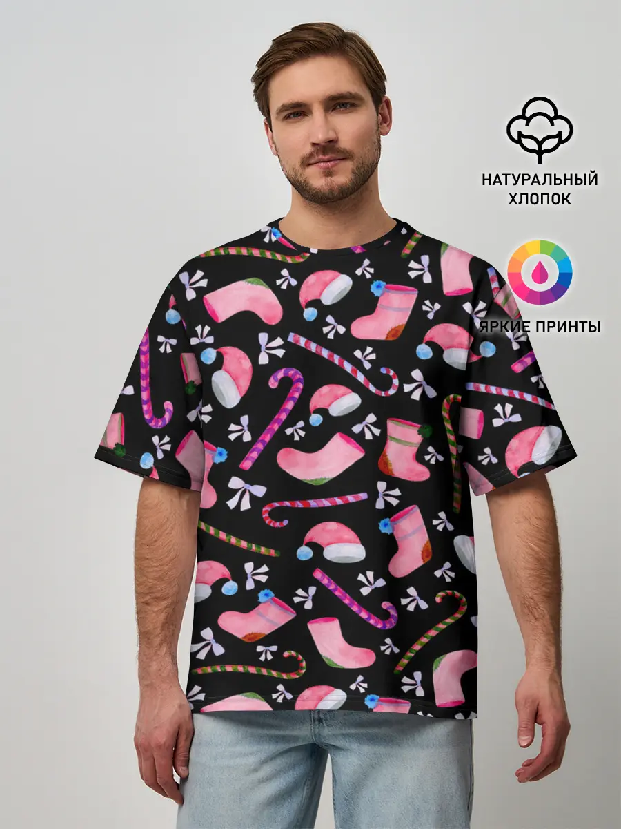 Мужская футболка оверсайз / Новогодняя ночь, акварельный узор