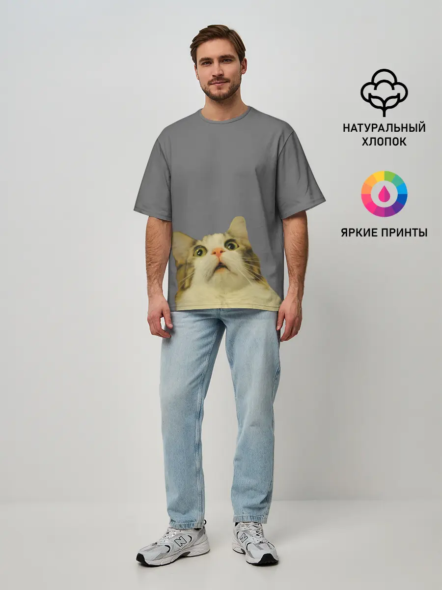 Мужская футболка оверсайз / Коте смотрит вверх