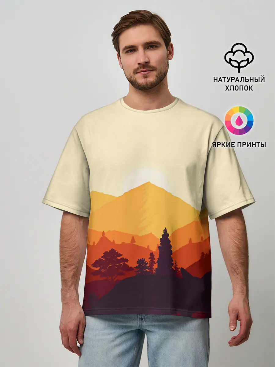 Мужская футболка оверсайз / Горы закат пейзаж лиса арт
