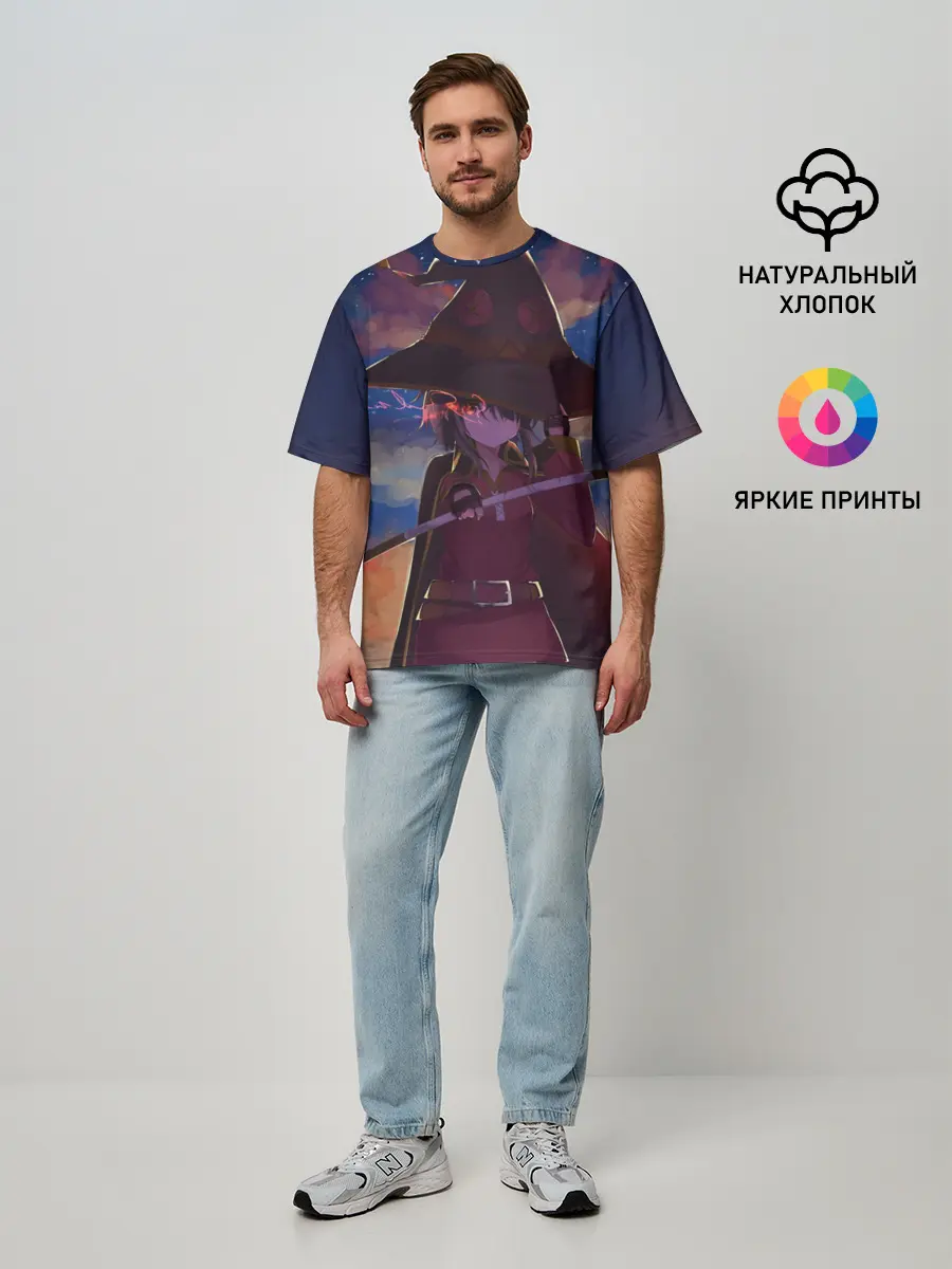 Мужская футболка оверсайз / Konosuba с посохом