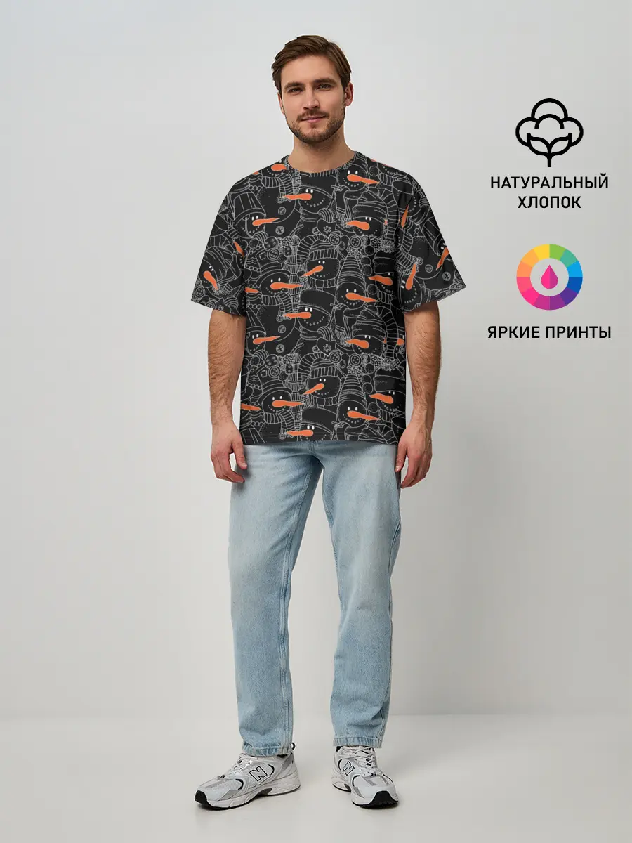 Мужская футболка оверсайз / Черные снеговики