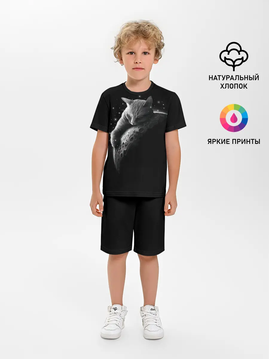 Детская пижама с шортами / Спящий Кот на Луне