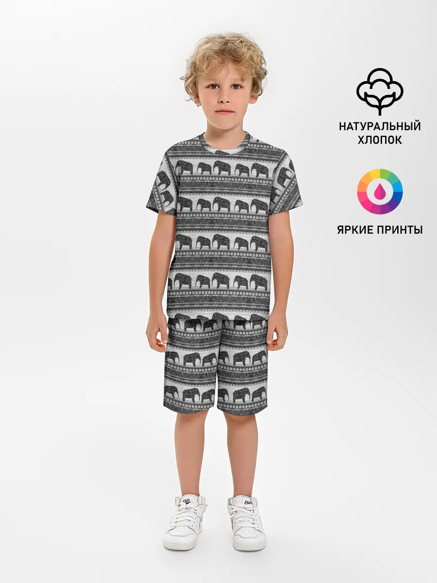 Детская пижама с шортами / Черно-белый узор слоны