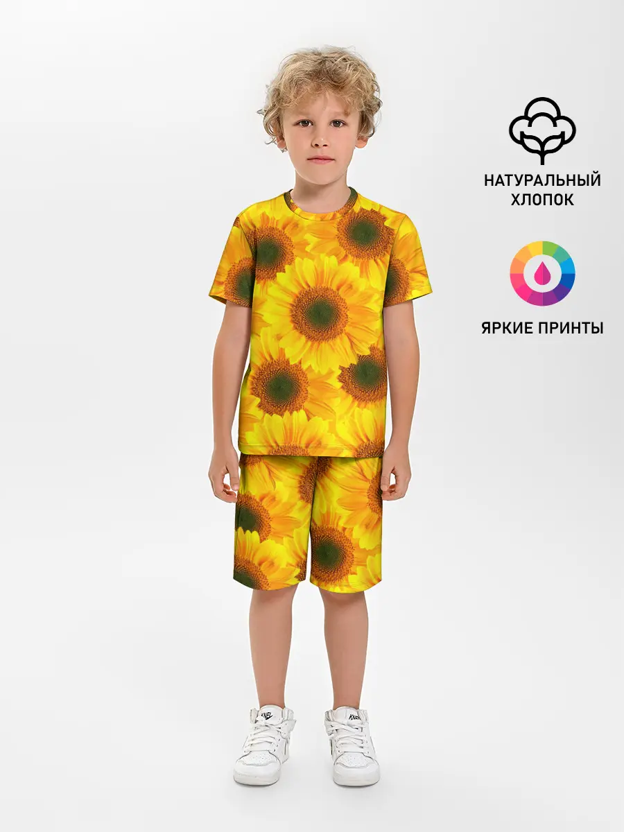 Детская пижама с шортами / Принт подсолнухи желтый
