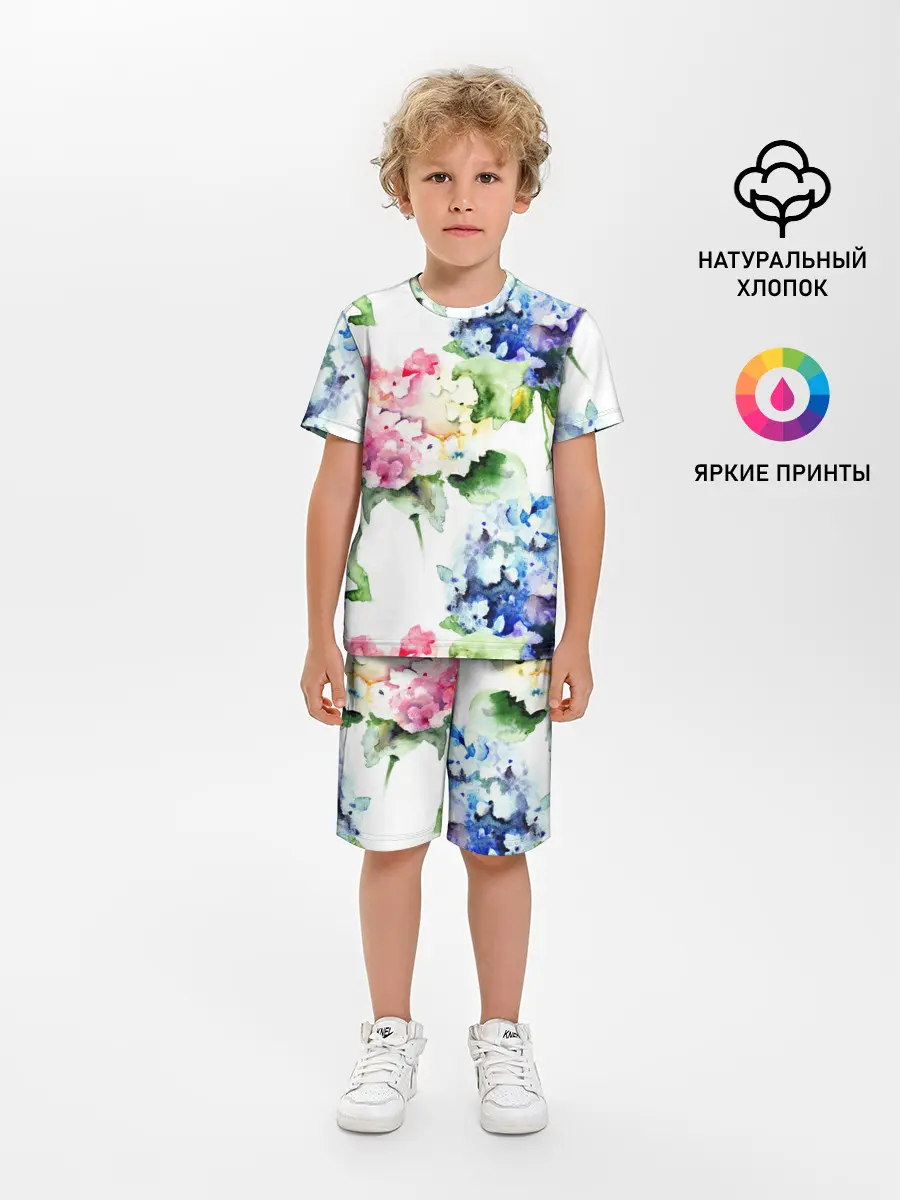 Детская пижама с шортами / Акварель, гортензии