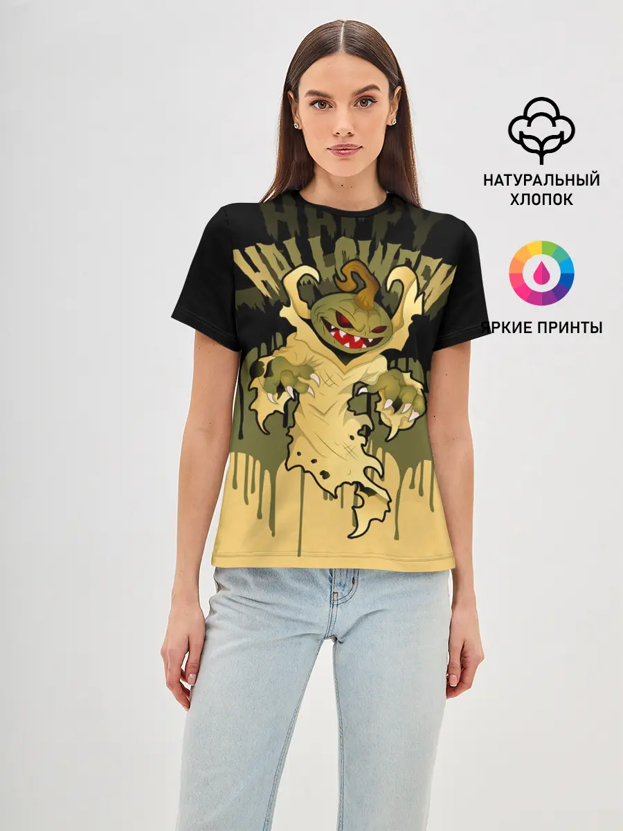 Женская базовая футболка / Тыква в ночь мертвецов